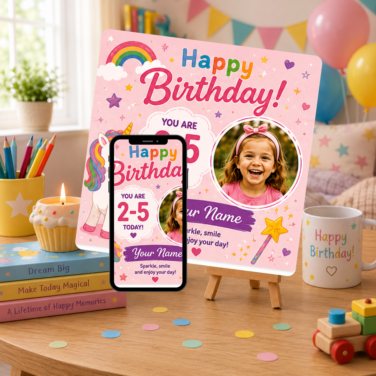 Personalised Unicorn Birthday Photo Memory Coaster | Custom Birthday Gift for Girls Aged 2–5 | Upload Photo & Video | Our Magic Memories™