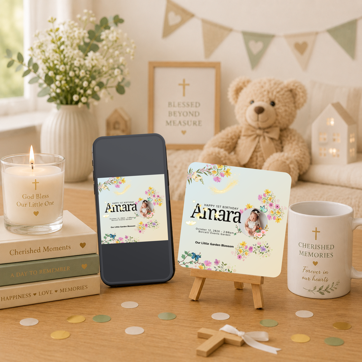Personalised 1st Birthday Memory Coaster with QR Code | MDF Coaster, Fridge Magnet & Easel Included | 9.5 x 9.5 cm