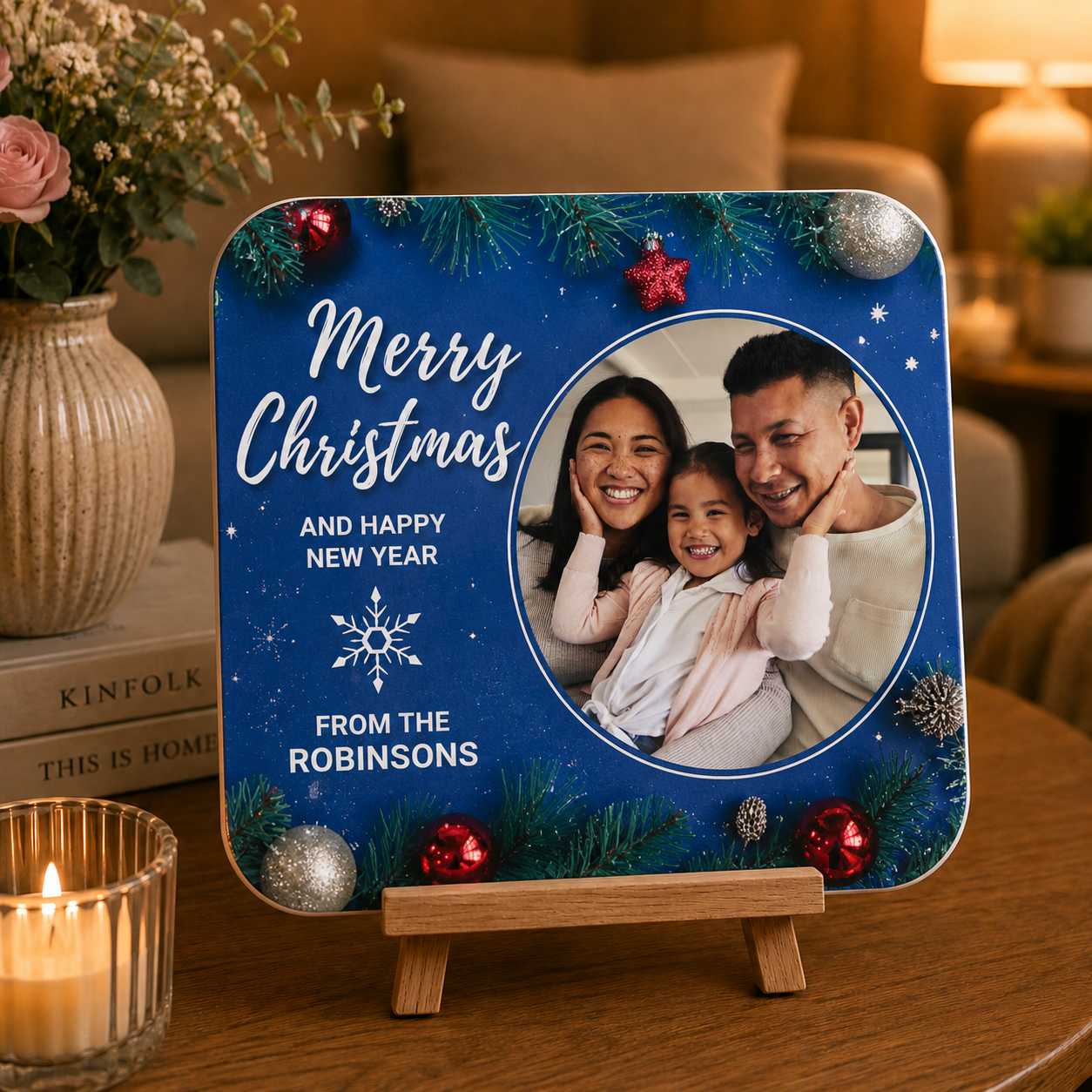 Blue Christmas Family Keepsake Coaster